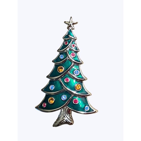 Unknown Jewelry - Silvertone Green Enamel Multicolored Crystal Christmas Tree Brooch Swan Marking